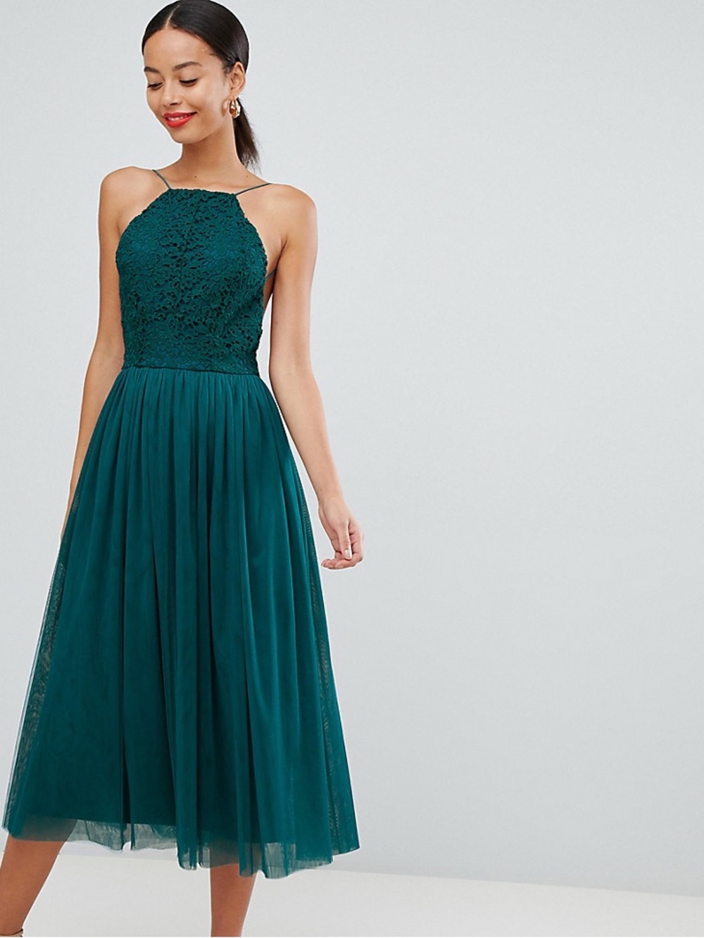 Asos Design Premium Deep Teal Lace & Tulle Midi Formal Cocktail Dress